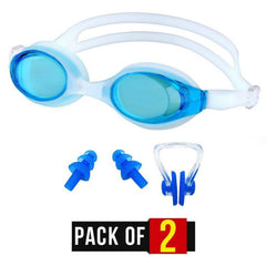 Pack of 2 - Swimming Glasses Goggles Silicone Anti-Fog Nose Clip Ear Plug Set with Free Protective Case