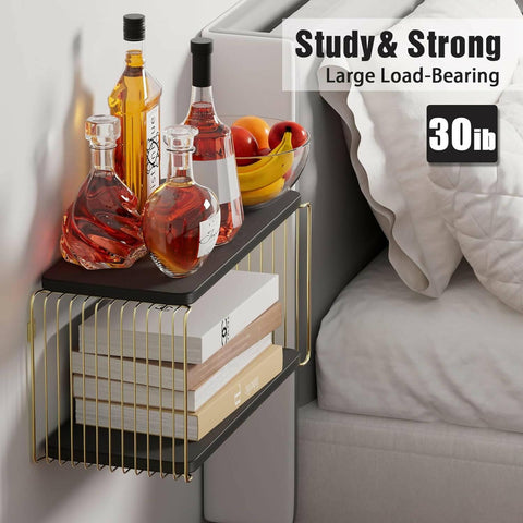 Floating Nightstand Black & Gold Color Wall Mounted Nightstand, Small Floating Bedside Wall Shelves for Bedroom - ValueBox