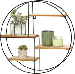 4 Shelf Round Metal Wall Mount Display Organizer Holder, Shelf To Store and Show Off Small Collectibles, Figurines, Mugs, Succulent Plants Black Natural, Size 19″ Round Approximately - ValueBox