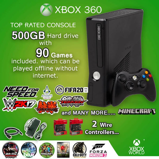 Xbox 360 Console Slim Model 500gb Jtag 90 Games included 2 Wire Controllers - ValueBox