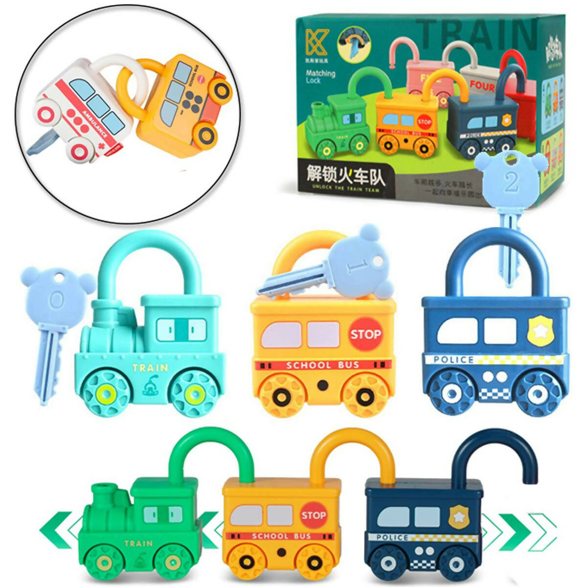3 Pcs Learning Key Lock Numbers Matching Train Toy For Kids - 3 Pcs Key Lock Train - Multicolor