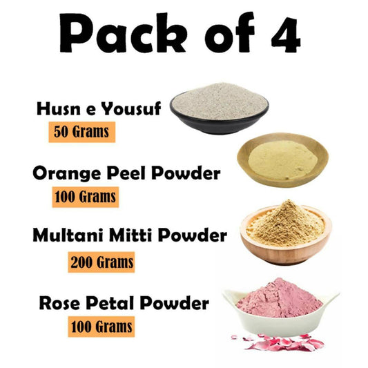 Pack of 4 - Organic Multani Mitti Powder | Fuller Earth / Multani Mud For Face Cleansing & Cosmetics (Multani Matti) + Dry Rose Flower Powder | Rose Petals | Gulab Powder + Orange Peel Powder Pack + Husn e Yousuf / Husn e Yusuf | Husn e Yousaf Powder - ValueBox