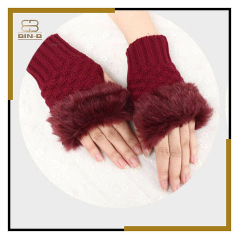 Fashion Women Faux Rebbit Fur Hand Wrist Warmer Winter Fingerless Knitted Gloves - ValueBox