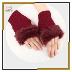 Fashion Women Faux Rebbit Fur Hand Wrist Warmer Winter Fingerless Knitted Gloves
