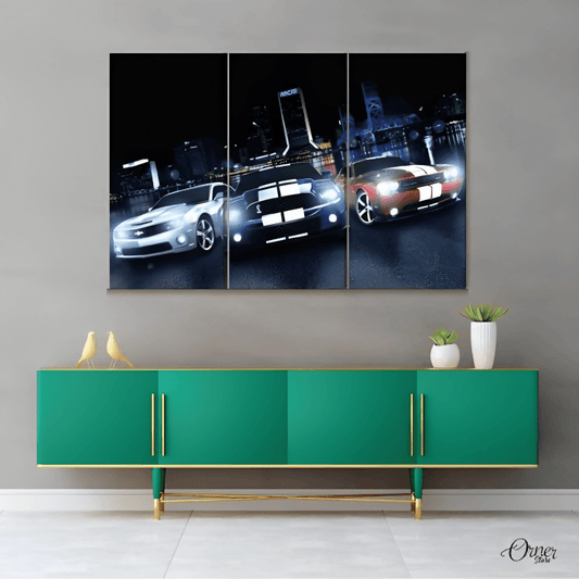 Home Decor & Wall Decor Painting Muscle Cars Trinity At Night (3 Panels) | Car Wall Art - ValueBox