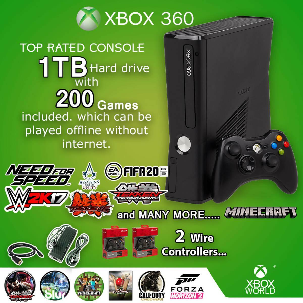 XBOX 360 Slim Black 1TB 200Games Pre Installed | 2 Wires Controllers - ValueBox