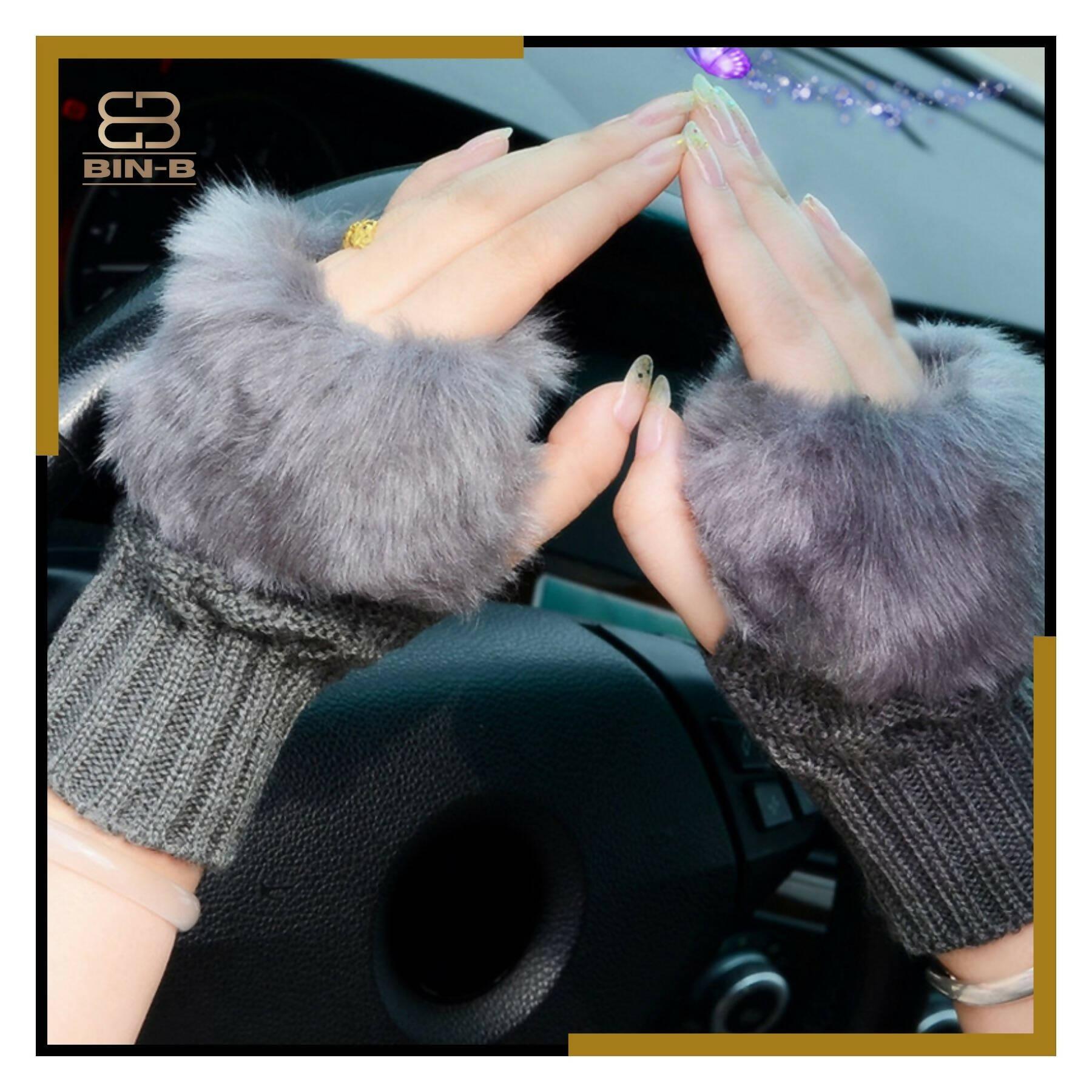 Faux Rebbit Furr Hand Wrist Warmer Winter Fingerless Knitted Gloves - ValueBox