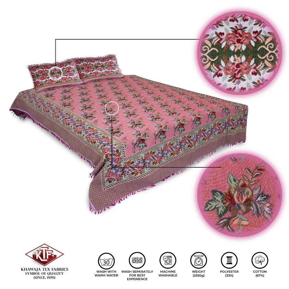 Khawaja King size doublebed sheet jacquard fancytraditional silk hand crafted bed set gultex style multani cotton polyester bed cover with 2 pillow covers A14 - ValueBox