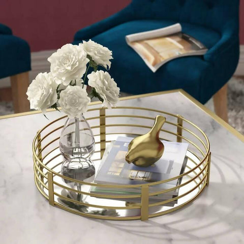 12 Inch Golden Geometric Mirror Tray Golden Home Crafts Decoration Restaurant Metal Tray With Glass Living Room Decoration - ValueBox