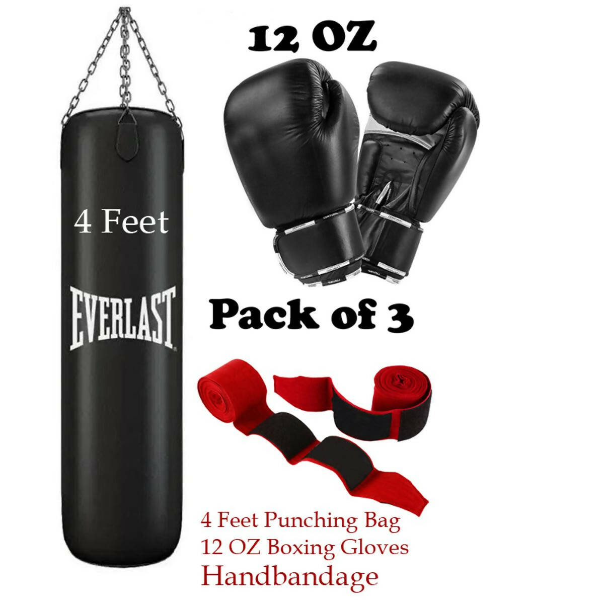 Pack of 3 Boxing Bag 3fth + Boxing Gloves punching bag bandages hand wraps