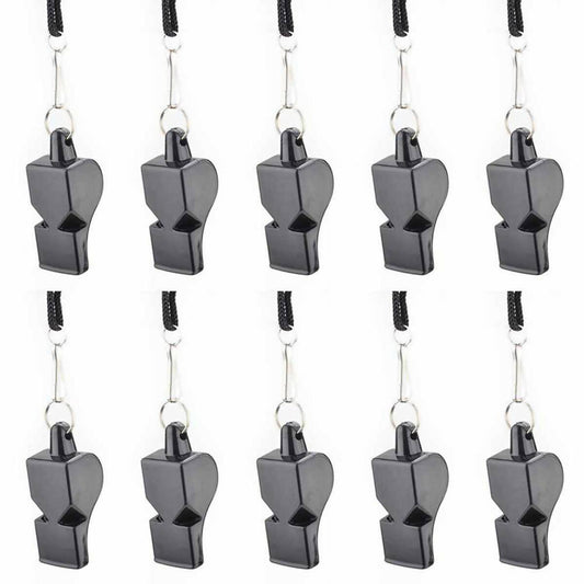 Pack Of 10 - Football Soccer Referee Plastic Whistle With Lanyard Black Pea-less