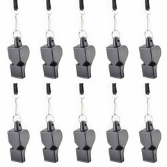 Pack Of 10 - Football Soccer Referee Plastic Whistle With Lanyard Black Pea-less