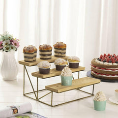 3-Tier Cupcake Stand, Countertop Dessert and Appetizer Riser Display Stand With Brown Wood and Metal and Cascading Design - ValueBox
