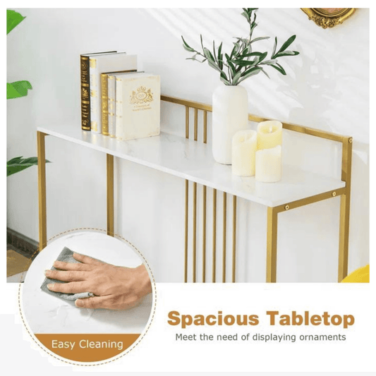 One Piece Customize, 47″ Gold Console Table Wood Entryway ,Table With Wooden Base, Modern Narrow Accent Console Table Behind Couch for Living Room, Hallway, Foyer, Entrance, White and Gold Modern and Simple - ValueBox