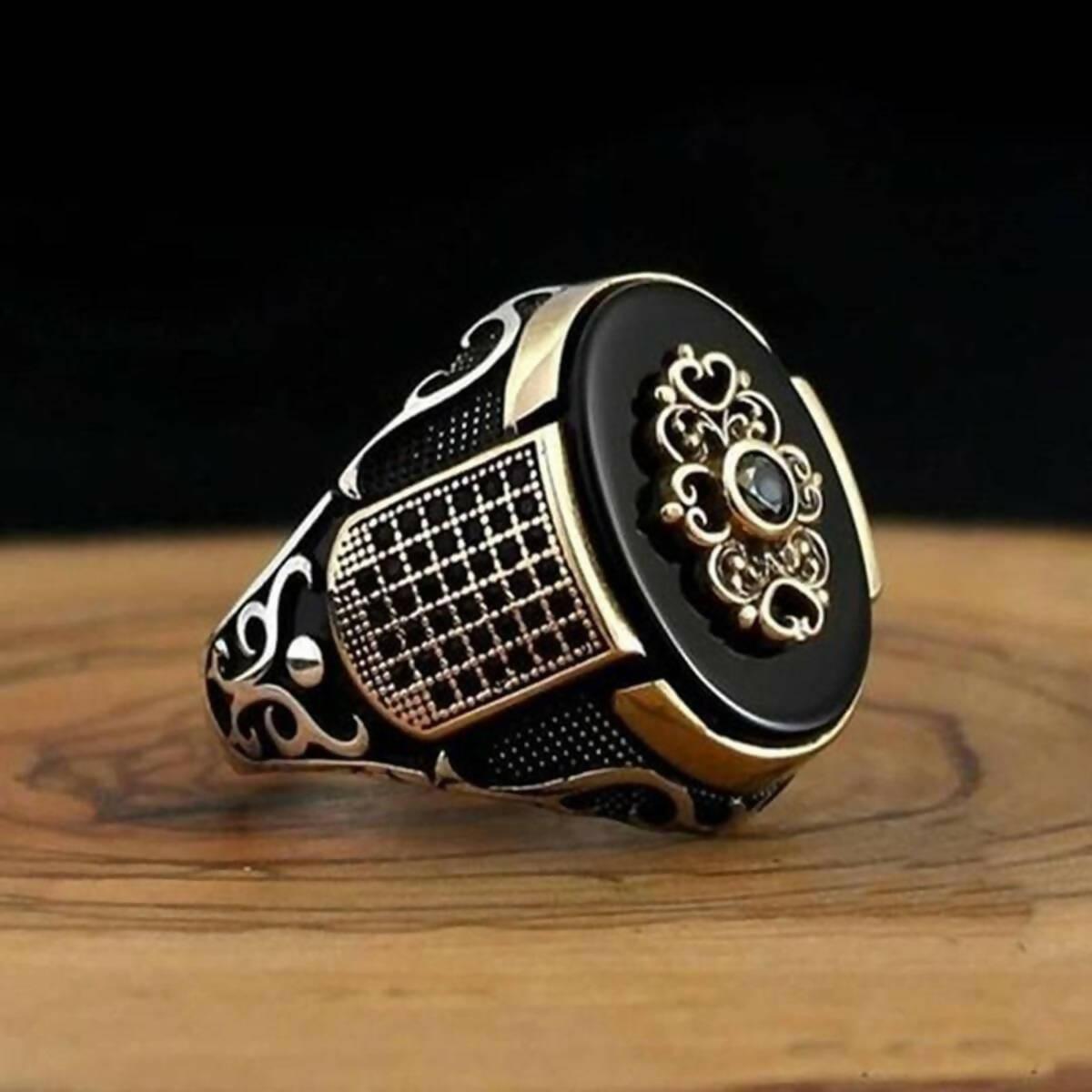 Vintage Black & Gold Color Turkish Signet Ring for Men - ValueBox