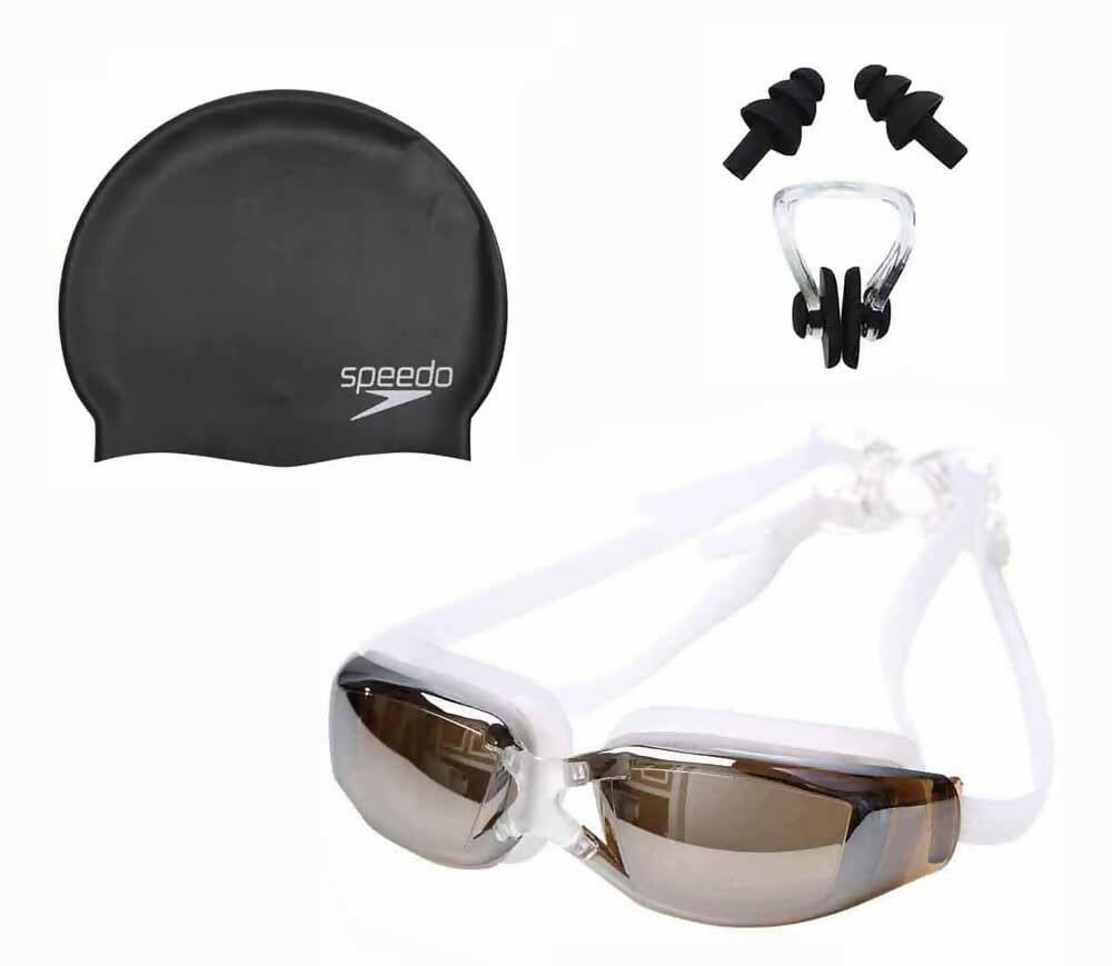 Set of 3 - Swimming Glasses Goggles Swim Cap Ear Plugs Nose Clip Anti-Fog UV Protection