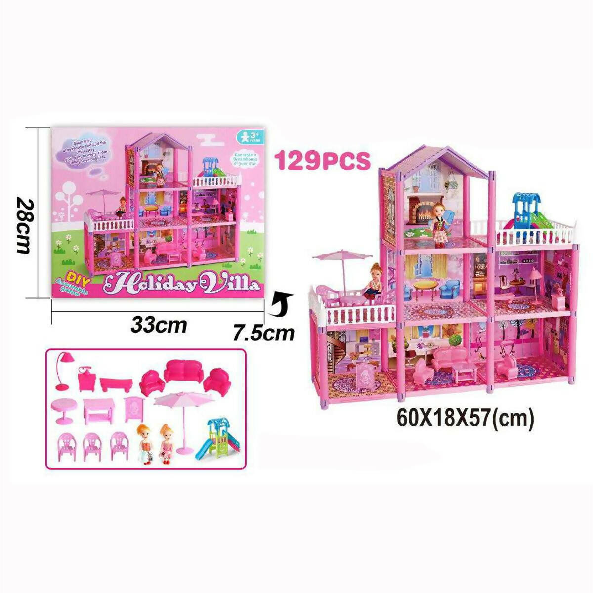 Holiday Villa Three Storey Pink Doll House For Girls - 129 pcs - 24 inches