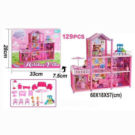 Holiday Villa Three Storey Pink Doll House For Girls - 129 pcs - 24 inches - ValueBox