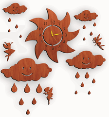 Clouds & Rain Drops & Sun Wooden Wall Clock Girls Room New Design Wall Clock - ValueBox