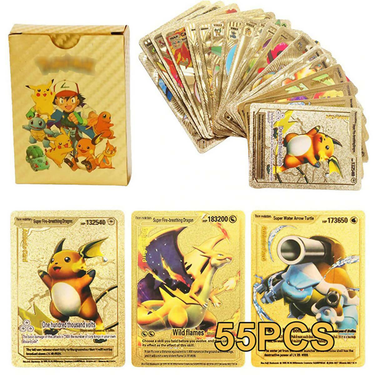 55pcs Pokemon Gold Foil Cards Anime Cartoon Pokemon English Version Tcg Card For Fans Collection - ValueBox