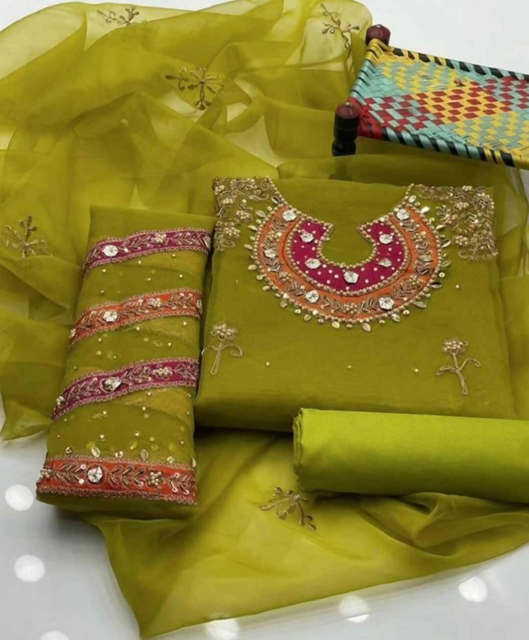 3 PC Handmade Organza Embroidered Shirt & Dupatta With Khatan Trouser - ValueBox