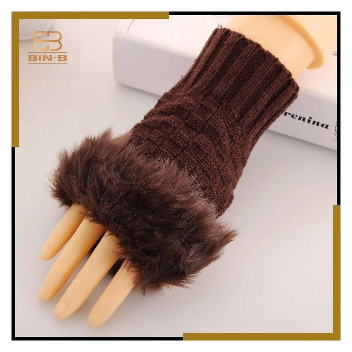 Faux Rebbit Furr Hand Wrist Warmer Winter Fingerless Knitted Gloves - ValueBox