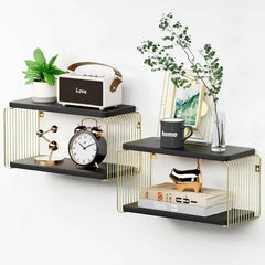 Floating Nightstand Black & Gold Color Wall Mounted Nightstand, Small Floating Bedside Wall Shelves for Bedroom - ValueBox