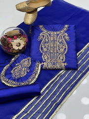 3 pcs Kathan Silk Tilla Mirror Work Embroidery Shirt with plain kathan silk Trouser with organza Gotta Dupatta ( KHUSSA + POUCH FREE ) - ValueBox