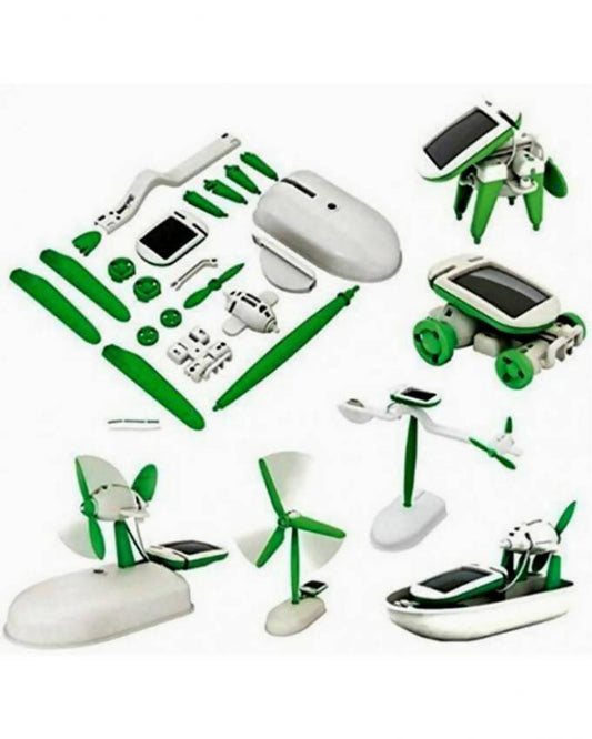 DIY - 6 in 1 Educational Solar Robot Building Kit - Car - Plane - Puppy - Fan - Boat - Windmill - White & Green - ValueBox
