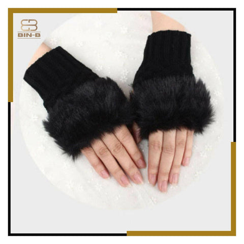 Fashion Women Faux Rebbit Fur Hand Wrist Warmer Winter Fingerless Knitted Gloves - ValueBox