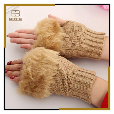 Fashion Women Faux Rebbit Fur Hand Wrist Warmer Winter Fingerless Knitted Gloves - ValueBox