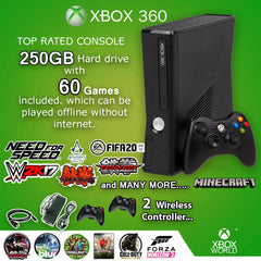 Xbox 360 Console Slim Model 250gb Jtag 50 Games included 2 Wireless Controllers - ValueBox