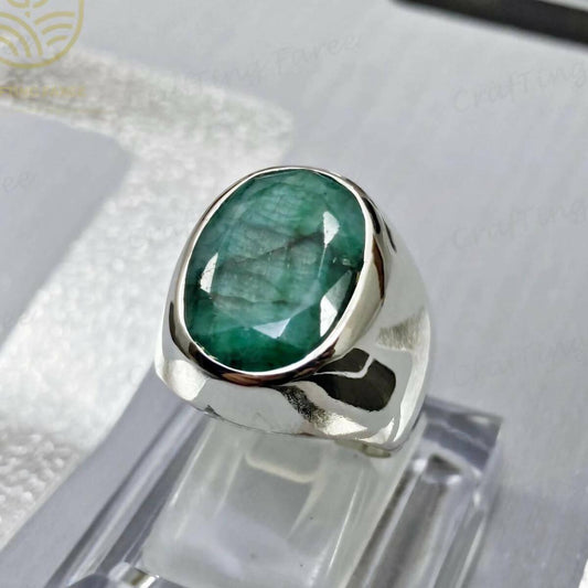 Natural Emerald Ring For Men 925 Sterling Silver Mens Emerald Handmade Ring Zamurad Ring For Men Indian Emerald - ValueBox