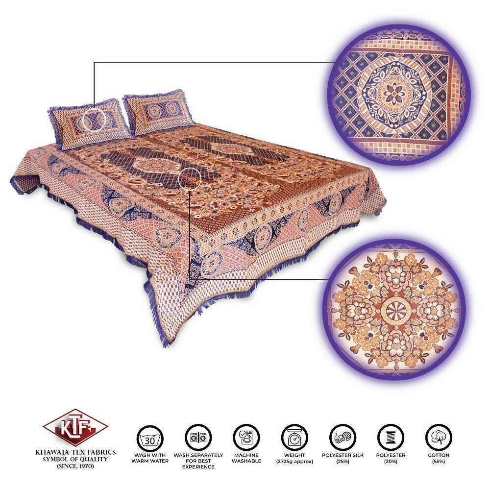 Khawaja King size double bed sheet jacquard traditional hand crafted bed set gultex style multani cotton polyester bed cover with 2 pillow covers A18 - ValueBox