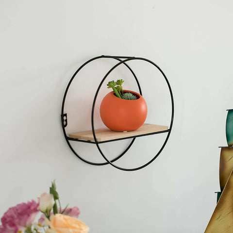 Decorative Modern Round Accent Floating Shelf Circle Decor Display Wall Mounted Rack With Metal Frame and Pine Wood Shelf, Black Customized by Creative Decore - ValueBox