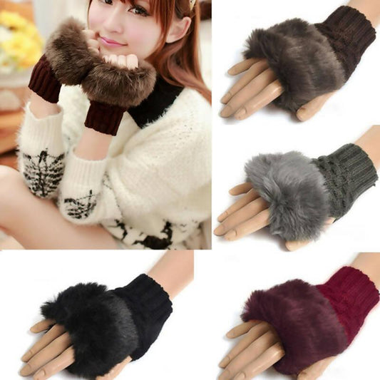 Fashion Women Faux Rabbit Furr Hand Wrist Warmer Winter Fingerless Knitted Gloves - ValueBox