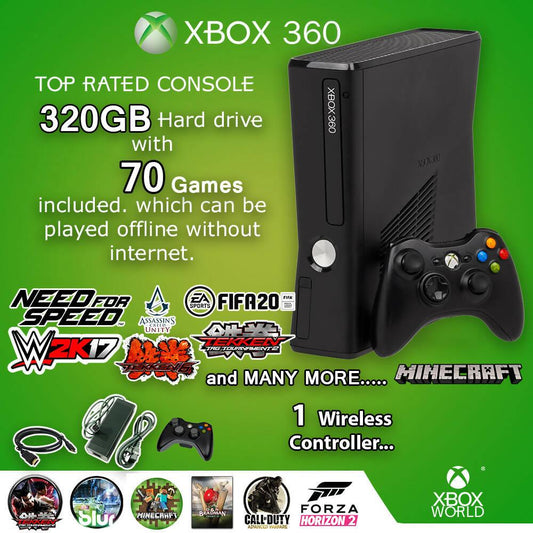 Xbox 360 Console Slim Model 320 Jtag 75 Games included 1 Wireless Controllers - ValueBox