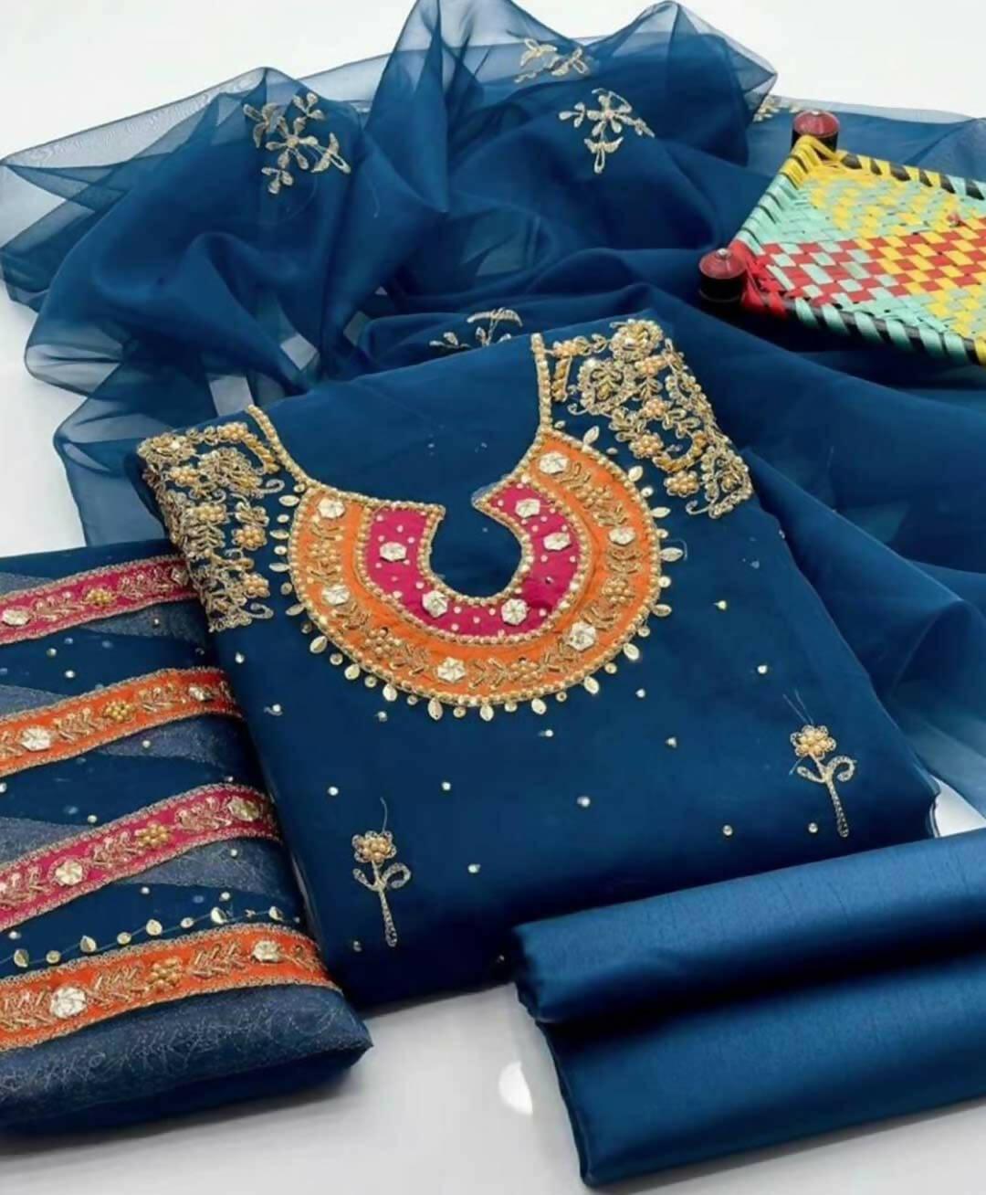 3 PC Handmade Organza Embroidered Shirt & Dupatta With Khatan Trouser - ValueBox