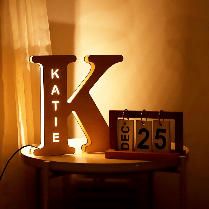Personalized LED Wall Lamp 26 A-Z Letters Alphabet with Custom Name Wood Nightlights Customized Decorative Lamp - ValueBox