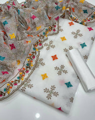 3pc dress khadi net Shirt khadi net embroidered Dupata khadi net embroidered Trouser kathaan silk plain Trouser grip plain 