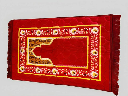 Premium Prayer Mat |Scarlet Red Velvet Foam Print Embossed Jai Namaz | Prayer Rug - ValueBox