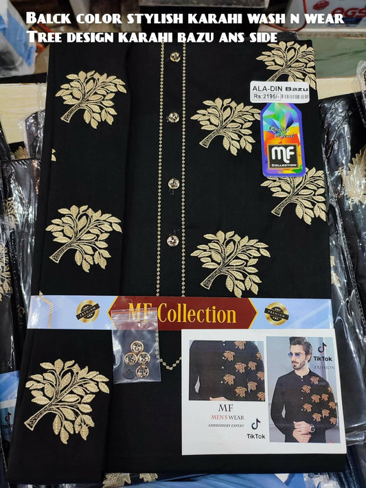 Karahi Wash n wear stylish black color suit for men, ALA-Din Bazu and side leaves karahi suit for men