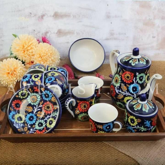 Blue Potery Tea Set MultiColor Shade best Quality 17pcs