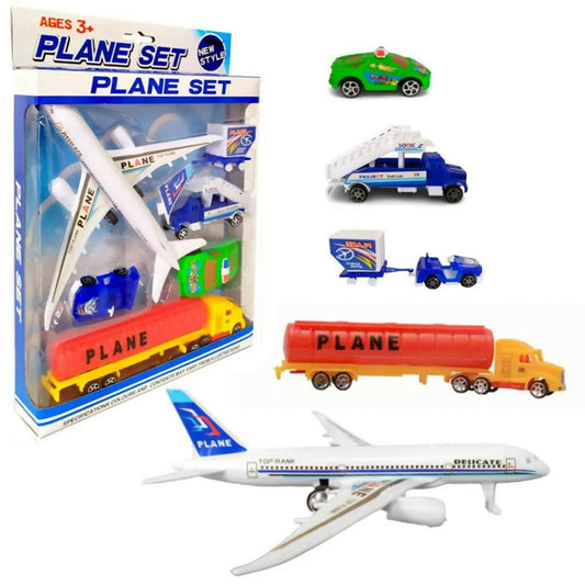 Plane Set with Airport System Learning Set - Oil Tanker - Police Car - Stair Truck and Generator - ValueBox