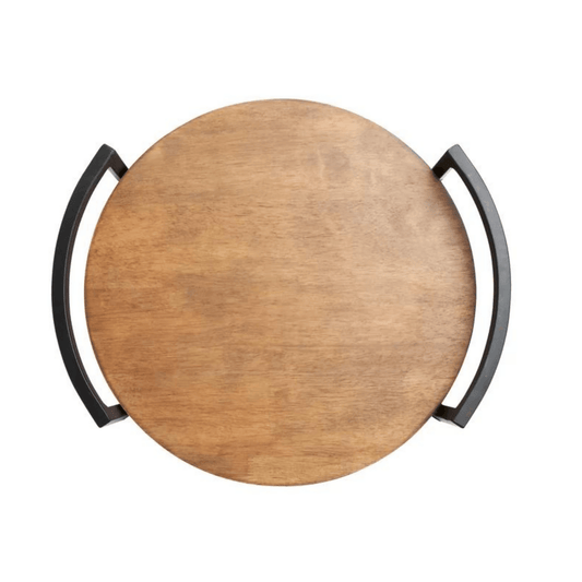 12” Iron and wooden Art Luxury Style Geometric Tray Home Crafts Decoration Restaurant Metal Tray With Brown wood Living Room Decoration Accessories, Decorative Serving Tray Vanity Tray, Round Tray Vintage - ValueBox