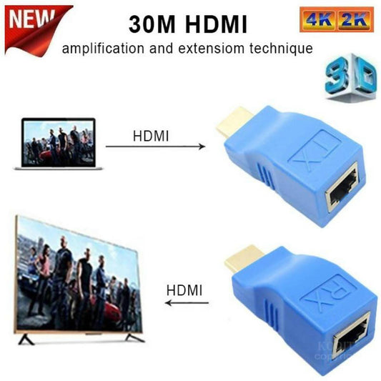 (Pair) 4K 3D HDMI 1.4 30M Extender to RJ45 Over Cat 5e/6 Network LAN Ethernet Adapter - ValueBox