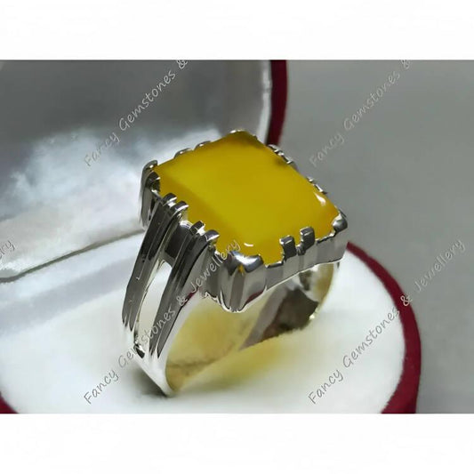 Natural Yemeni Yellow Agate Sterling Silver 925 Handmade Aqeeq Women Square Ring, Aqeeq Ring For Men and Women, Yellow Akik Ring Genuine - ValueBox