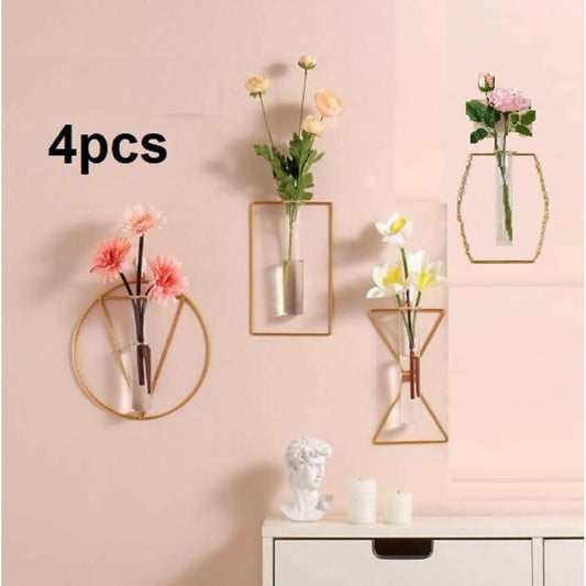 4pcs Wall-mounted Glass Vase Home Decor Wall Decoration Iron Hanging Flower Vases Hydroponic Plants Container
