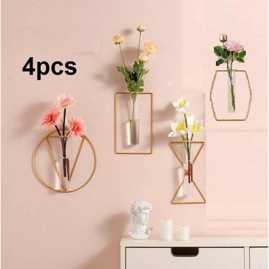 4pcs Wall-mounted Glass Vase Home Decor Wall Decoration Iron Hanging Flower Vases Hydroponic Plants Container - ValueBox