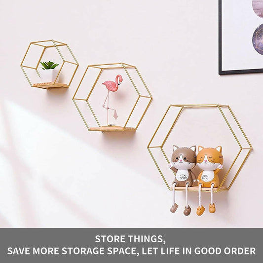 Wall Mounted Hexagonal Floating Shelves Set of 3 in Different Sizes - ValueBox